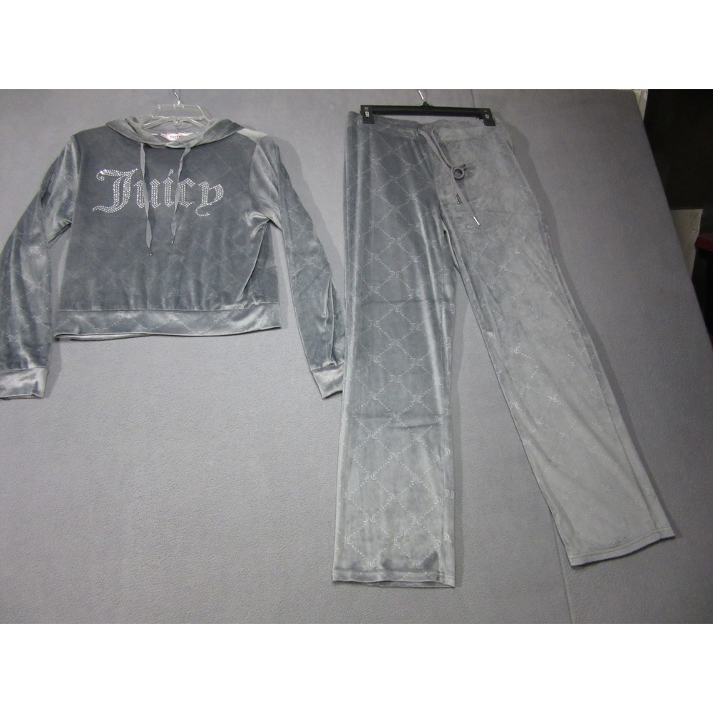 Juicy Couture Tracksuit Women Small Gray Velour Rhinestone Monogram Set Y2K